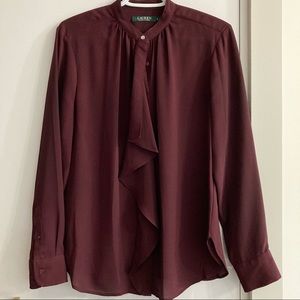 👚Lauren by Ralph Lauren maroon/oxblood ruffled button down long sleeve blouse👚